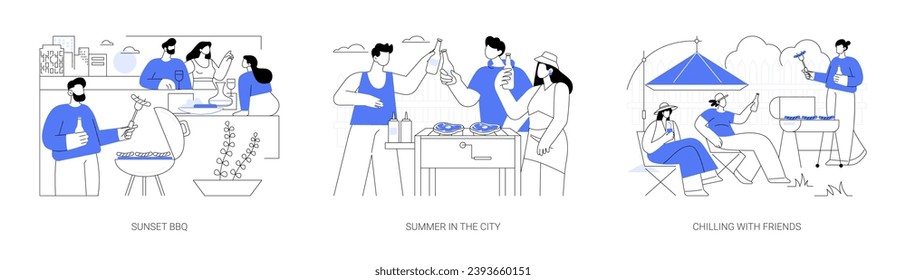 Outdoor BBQ isolated cartoon vector illustrations set. Diverse happy people having BBQ party on the sunset, grill meat together, city barbecue, chilling with friends outdoors vector cartoon.