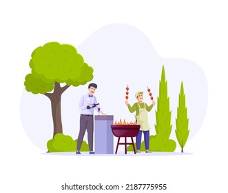 Outdoor BBQ picnic party with alcohol drinks and grilled meat. Male waiter pouring red wine into glass, cheerful man grilling meat on barbecue grill and holding skewers flat vector