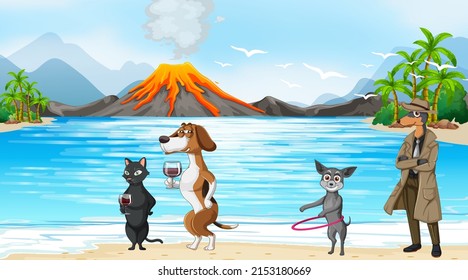 Outdoor beach scene with many dogs and camels illustration