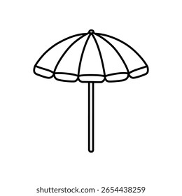 Guarda-chuva de praia ao ar livre que oferece proteção de verão e sombra em um ícone de arte de linha simples, servindo como um elemento de design gráfico para férias cheias de sol, lazer à beira da piscina e viagens tropicais