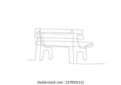 Outdoor Bench in line art style. Continuous one line minimalism style drawing. Wooden furniture for calm relax. Single line illustration in perspective view. Hand draw contour. Doodle vector