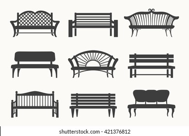 Outdoor benches black line icons vector illustration