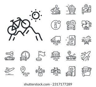 Outdoor bicycle transport sign. Plane, supply chain and place location outline icons. Mountain bike line icon. Sport activity symbol. Mountain bike line sign. Taxi transport, rent a bike icon. Vector