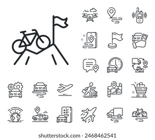 Outdoor bicycle transport sign. Plane, supply chain and place location outline icons. Mountain bike line icon. Sport activity symbol. Mountain bike line sign. Taxi transport, rent a bike icon. Vector