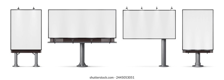 Outdoor billboard mockup. Realistic 3d vector banners or posters showcase advertisement on a large roadside display. Outside metal constructions for commercial use in urban and city environments