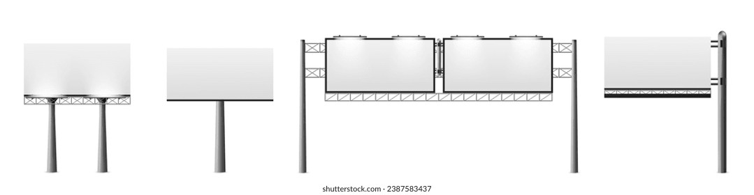 Outdoor billboard mockups set isolated on white background. Vector realistic illustration of 3d street advertising boards with blank surface and led light illumination, information banner template