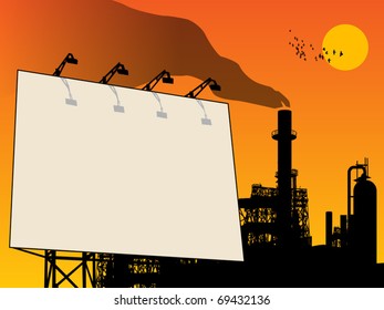 Outdoor billboard and oil refinery, vector illustration