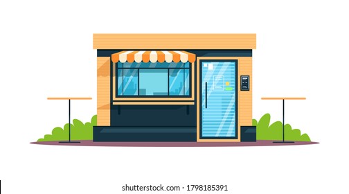 Outdoor bistro semi flat RGB color vector illustration. Small snack bar with tables. Closed cafe, buffet, canteen. Luncheonette and cafeteria. Isolated cartoon object on white background