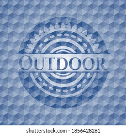 Außen blaues Polygonemblem. Vektorgrafik. Detaillierte Angaben. 