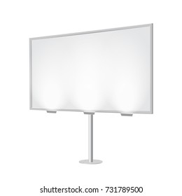 Outdoor board with single stand, in vector. Blank billboard with empty copy space, stand on one bar. Highlighted with lamps, in perspective. White mockup with frame for commercial or presentation.