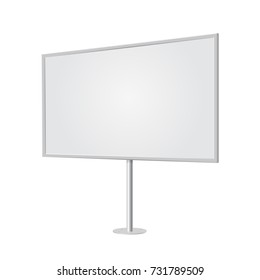 Outdoor board with single stand, in vector. Blank billboard with empty copy space, stand on one bar. Highlighted with lamps, in perspective. White mockup with frame for commercial or presentation.