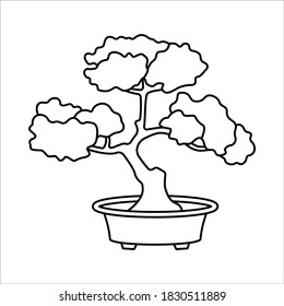 Outdoor Bonsai Tree, Bonsai Tree Vector, Bonsai Tree Line Art Vector, Flat Icon, Black and White Isolated Vector Illustration