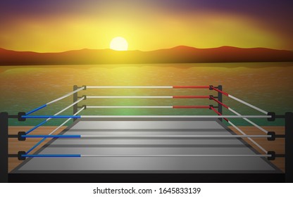 outdoor boxing ring on the wooden floor on the beach