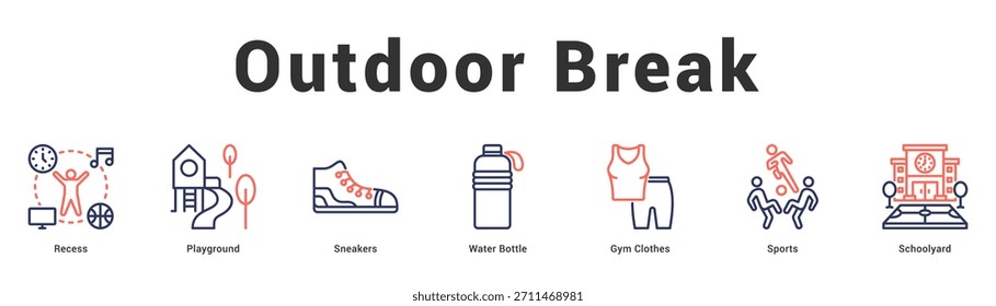 Outdoor Break Moderne und saubere Web-Banner-Illustration mit thematischen Symbolen für visuelle Kommunikation