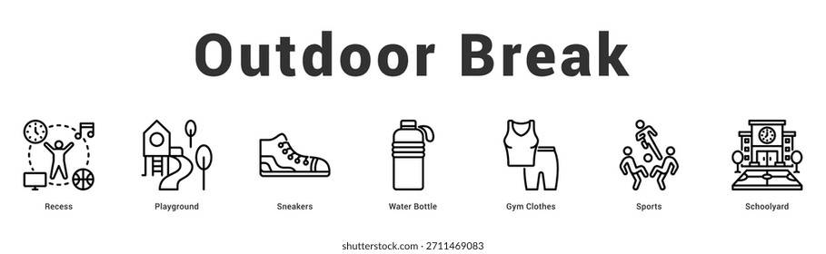 Outdoor Break Moderne und saubere Web-Banner-Illustration mit thematischen Symbolen für visuelle Kommunikation