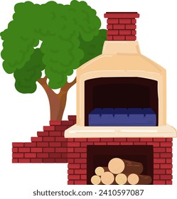 horno de pizza de ladrillo al aire libre con chimenea y almacenamiento de madera debajo. Árbol en segundo plano. Cocina de jardín y cocina casera ilustrada vectorial.