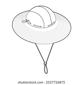 Outdoor Bucket Hat with Cord Stopper. Summer Head Fashion accessory cap clothing technical illustration. Vector headgear for Men, women, unisex style, flat template CAD mockup sketch outline isolated