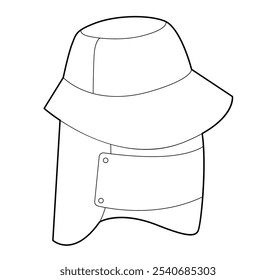 Outdoor Bucket Hat with face protection. Summer Head Fashion accessory cap clothing technical illustration. Vector headgear for Men, women, unisex, flat template CAD mockup sketch outline isolated