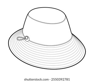 Outdoor Bucket Hat. Summer Head Fashion accessory cap with wide brim clothing technical illustration. Vector headgear for Men, women, unisex style, flat template CAD mockup sketch outline isolated