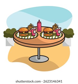 Mesa de refeição de hambúrgueres ao ar livre. Ilustração vetorial