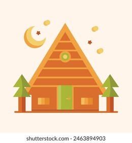 Outdoor cabin forest in the middle of night. wooden cabin house for holiday with vector illustration