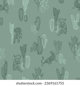 Outdoor cactus with tiger hand-drawn sketch seamless pattern