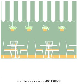 Outdoor cafe with awning and plants. Vector illustration .