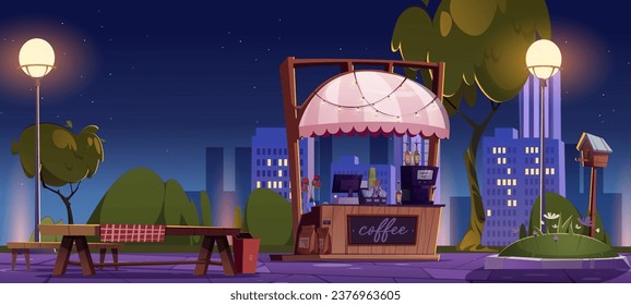 Cafetería al aire libre en el patio del parque de la calle cerca de la ilustración del vector de dibujos animados de mesa. Mercado de la ciudad de verano nocturno con vendedor de café. Nadie en el festival. Mercado exterior en la acera de la acera de la ciudad