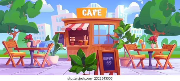 Outdoor cafe booth with table on street scene cartoon illustration. Outside restaurant in park and urban landscape. Cafeteria business with coffee and striped canopy exterior. Lounge area to drink and