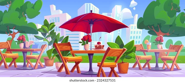 Outdoor cafe in city park on sunny day. Vector cartoon illustration of cake and glass of lemonade served on wooden table under umbrella, chairs and flowerpots on restaurant patio, cityscape background