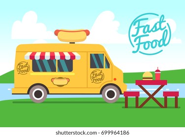 Outdoor cafe with food truck and tables. Street food small business vector concept. Fast food truck with table and chair illustration