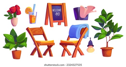 Outdoor cafe furniture and accessories set isolated on white background. Vector cartoon illustration of wooden chairs, welcome blackboard, green plants, light bulb, flowers in vase, glass of lemonade