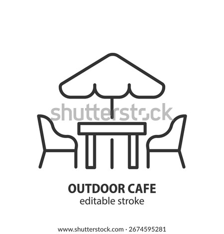Outdoor cafe line icon. Dining table and chairs under an umbrella. Editable stroke. Vector illustration.