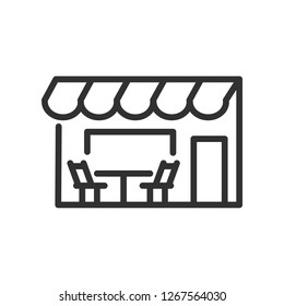outdoor cafe. linear icon. building tent with table and chairs. Line with editable stroke