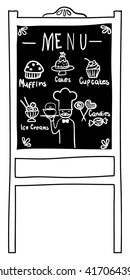 Outdoor cafe menu board with ice cream, cakes, cupcakes doodles drawn by chalk. Restaurant Menu sweet shop. stock vector