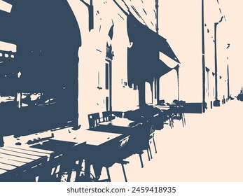 An outdoor cafe in the old town. Monochrome vector illustration.