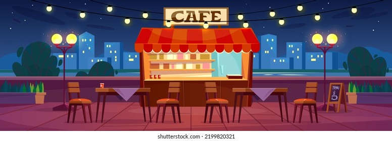 Outdoor cafe on a street at night with a city view. Restaurant with terrace or cafeteria in a park. Summer patio with tables and chairs illuminated with lamps. Cartoon style vector illustration.