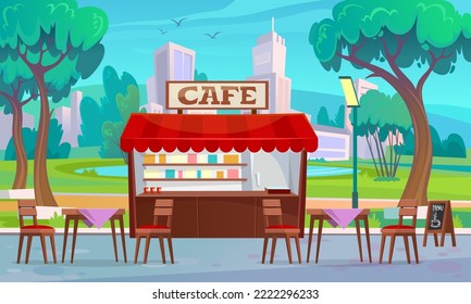 Outdoor cafe in a park with a view of a pond and a city. Street restaurant on a sidewalk with tables and chairs. Summer terrace or a cafeteria on a street of a town. Cartoon style vector illustration.