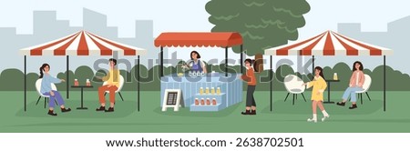 Outdoor cafe. People talking. Cafe stand at the park. People drink at the park. Cityscape. Street food festive. City food fair.