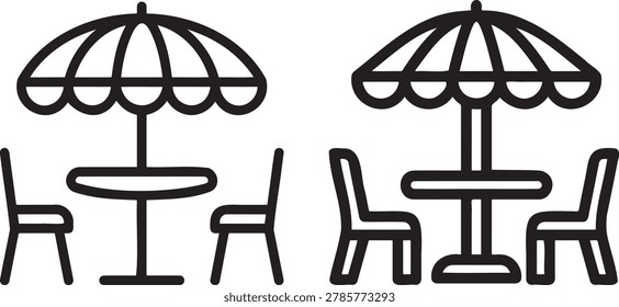 Outdoor cafe seating arrangements tables chairs and umbrellas for dining.