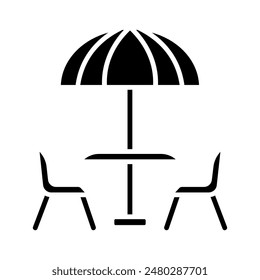 Outdoor cafe set icon. Table with umbrella, two chairs, red and green colors, patio furniture, dining, leisure, relaxation, summer, social.