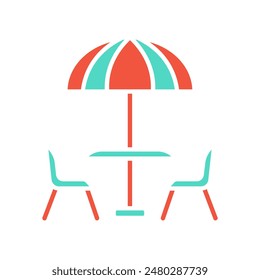 Outdoor cafe set icon. Table with umbrella, two chairs, red and green colors, patio furniture, dining, leisure, relaxation, summer, social.