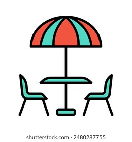 Outdoor cafe set icon. Table with umbrella, two chairs, red and green colors, patio furniture, dining, leisure, relaxation, summer, social.