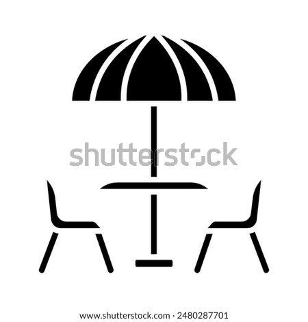 Outdoor cafe set icon. Table with umbrella, two chairs, red and green colors, patio furniture, dining, leisure, relaxation, summer, social.