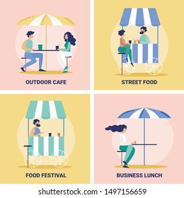 Outdoor Cafe, Street Food, Food Festival, Business Lunch Flat Vector Banners or Posters Templates Set with Clients Sitting at Table, Drinking Beverages, Resting and Talking in Cafeteria Illustration