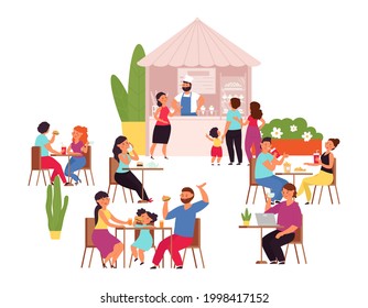 Outdoor cafe. Summer park table, girl drinks coffee. Food and conversation, flat couple lunch in restaurant. Cartoon terrace bar decent vector concept