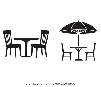 Outdoor Cafe Table and Chair Silhouette Icons with Patio Umbrella Seating Set Collection
