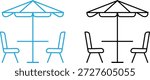 Outdoor Cafe Table and Chairs Icon Vector Set Patio Umbrella Silhouette and Outline