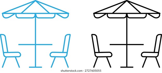 Outdoor Café Tisch und Stühle Symbol Vektor Set Patio Regenschirm Silhouette und Umriss