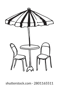 Outdoor cafe table with chairs and striped umbrella hand drawn sketch illustration. Street cafe doodle, bold outline, black on white. Summer terrace and restaurant concept design.